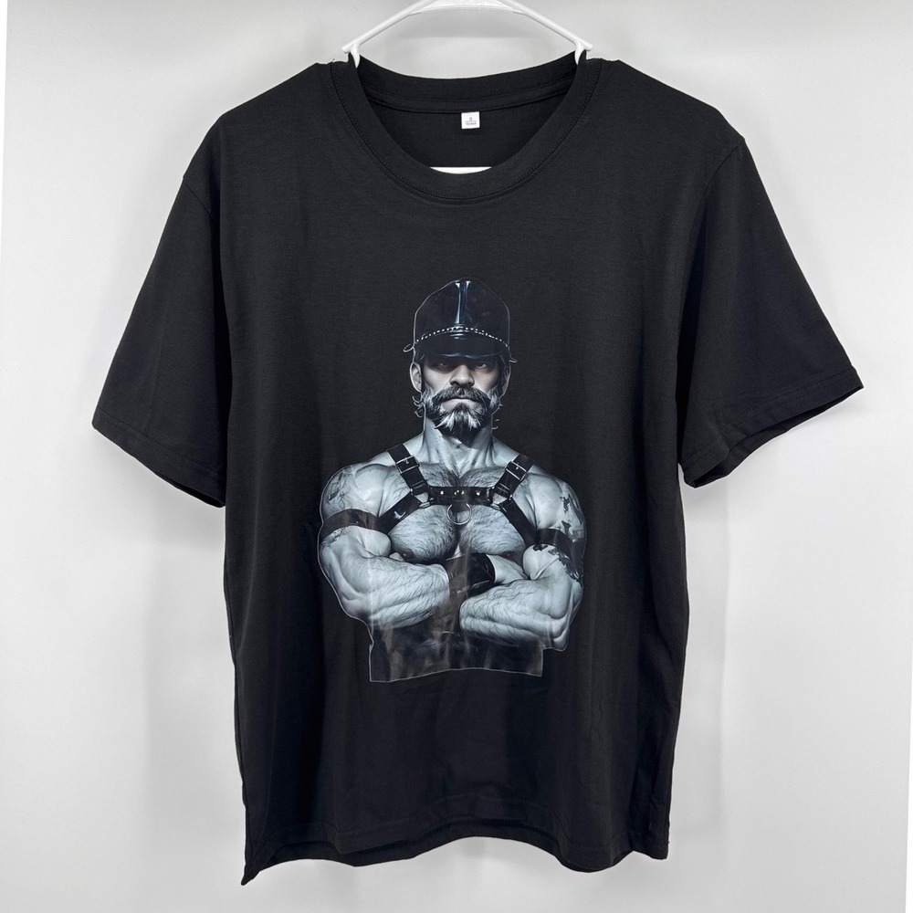Fashion Mens Black Graphic T-Shirt Leather Harness Muscle Man Print Size S